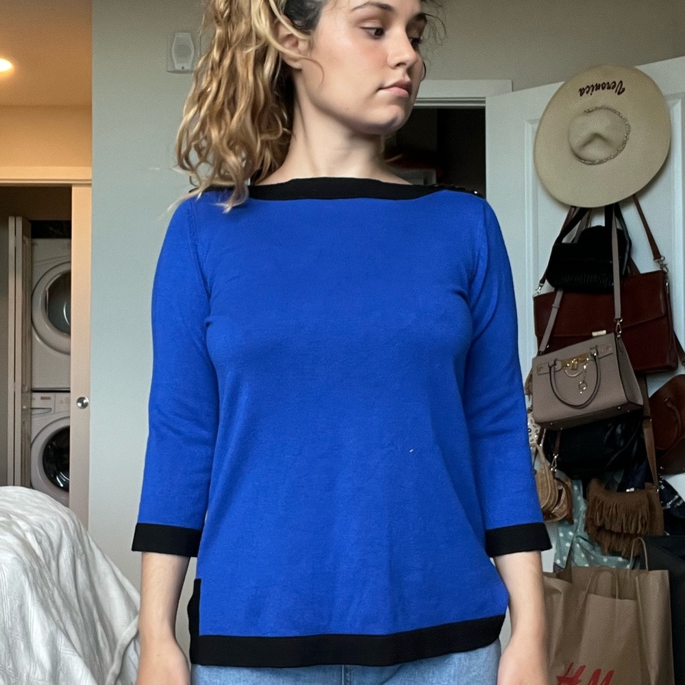 Vibrant blue and black sweater blouse